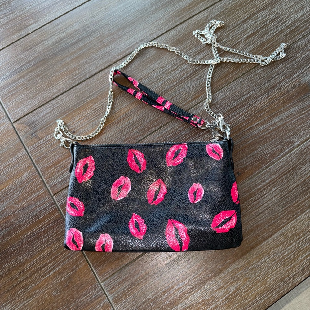Charming Charlie Black and Pink Lip Print Crossbody/Wristlet